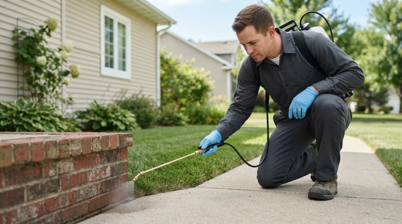 Pest control technician treating a home near Elwood, IL