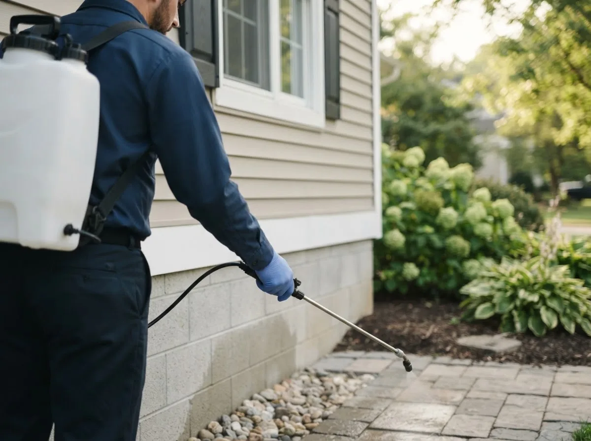 Pest control technician inspecting a home in Elwood, IL